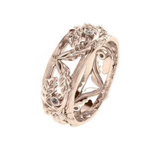 Man wedding band, matching oak leaf ring with gemstones - Eden Garden Jewelry™