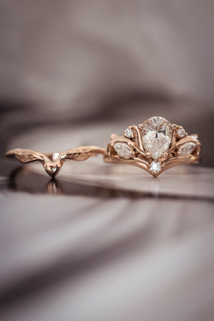 Bridal ring set with pear cut moissanite / Swanlake - Eden Garden Jewelry™