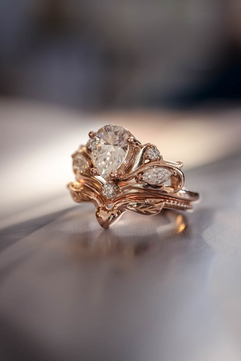 Vintage black rutilated quartz engagement ring set rose gold bridal ri –  WILLWORK JEWELRY