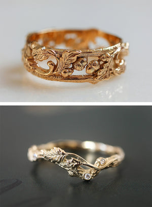 Wedding band set with oak ring for him and branch ring for her - Eden Garden Jewelry™