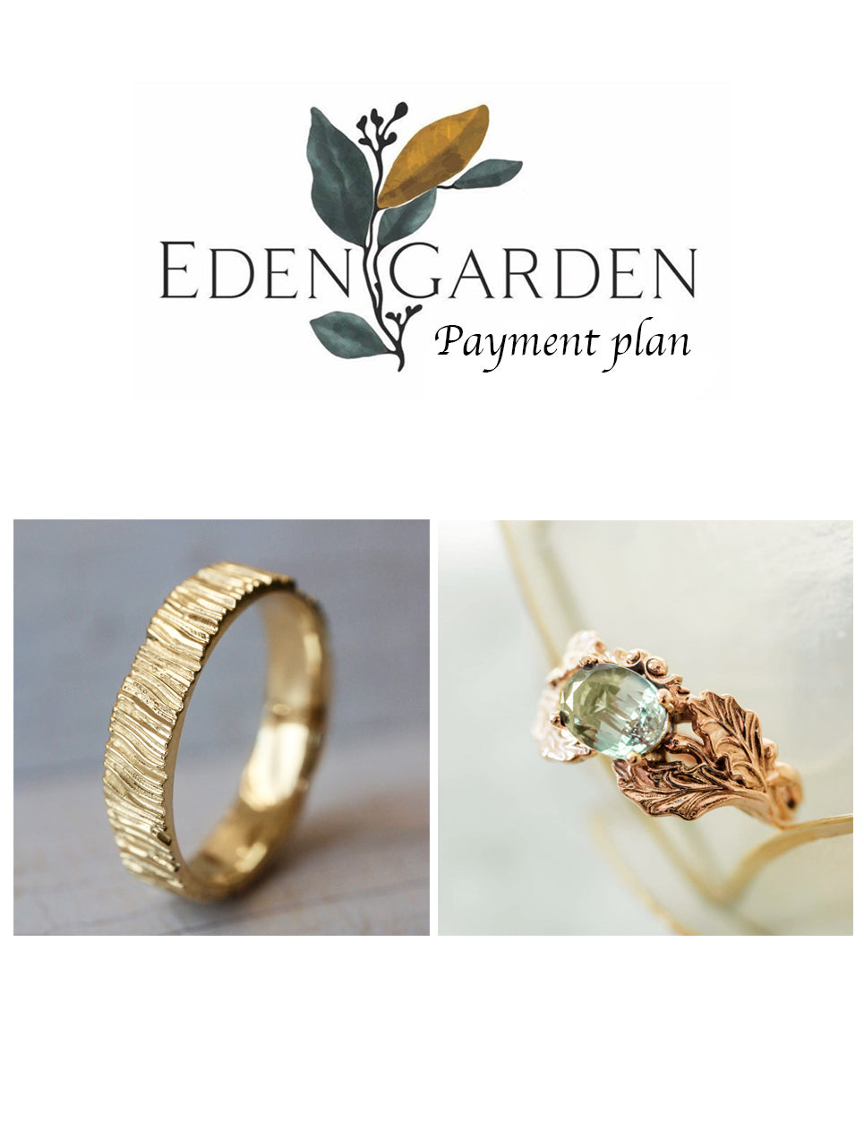 3 months payment plan: Oak leaves ring with light green aquamarine + saw wood band - Eden Garden Jewelry™
