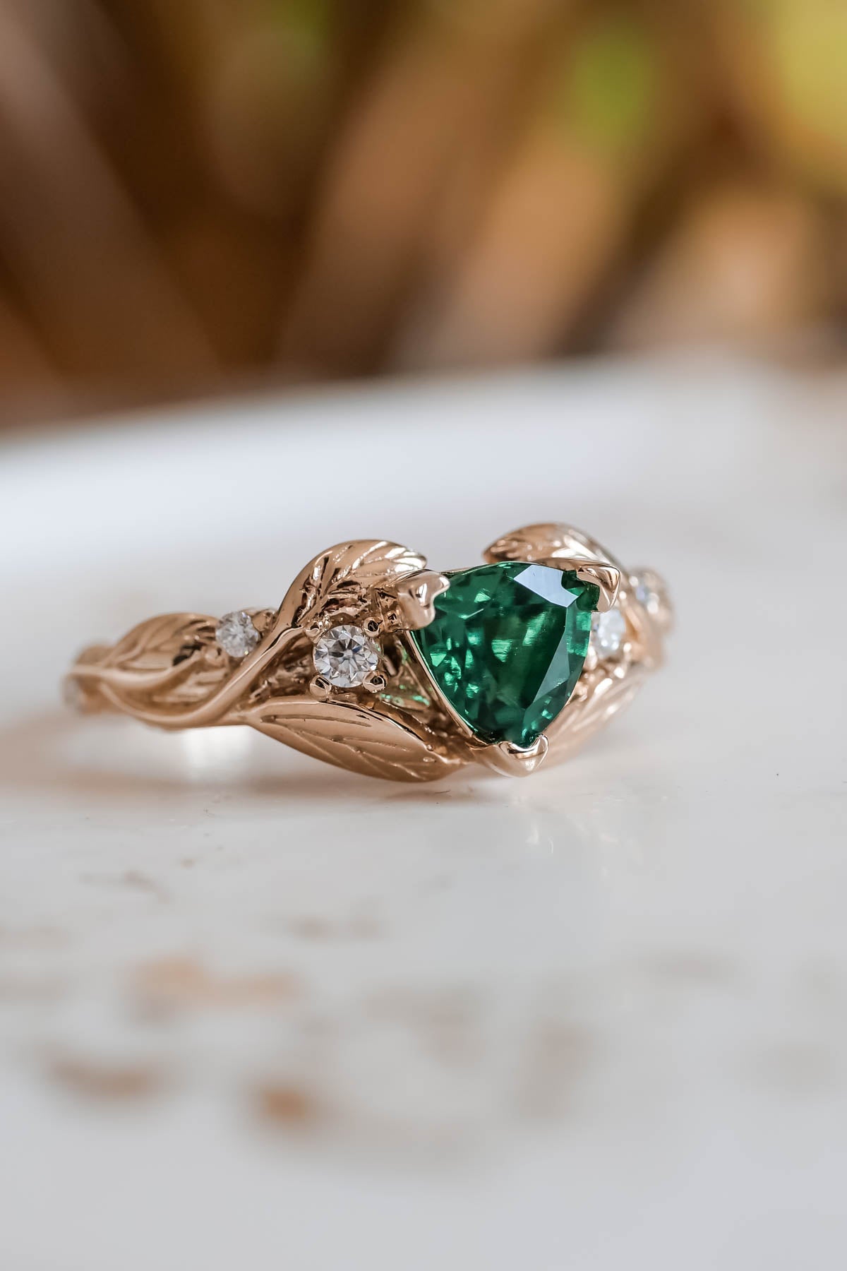 Emerald trillion cut engagement ring, gold leaves and diamonds ring / Clematis - Eden Garden Jewelry™