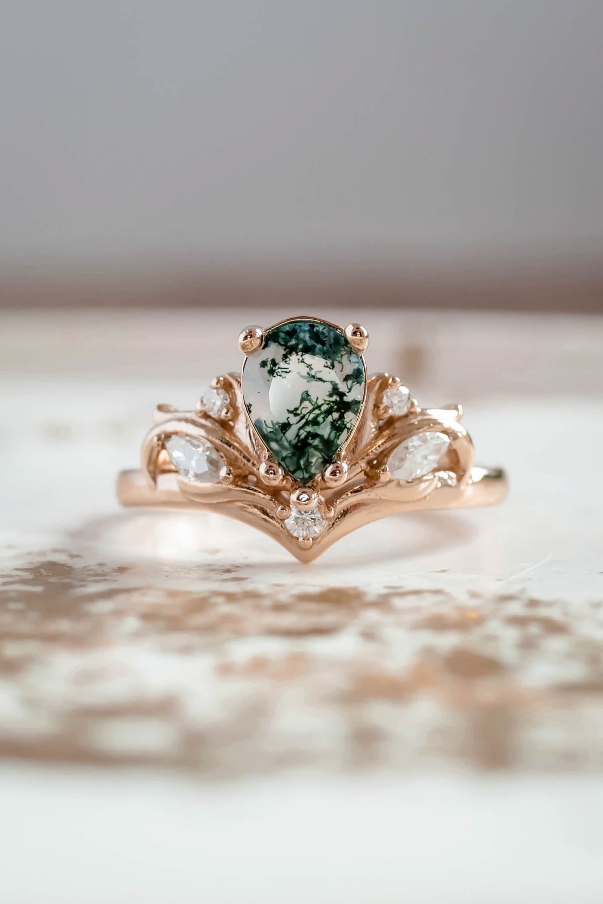Big pear moss agate engagement ring, one of a kind gemstone ring / Swanlake - Eden Garden Jewelry™