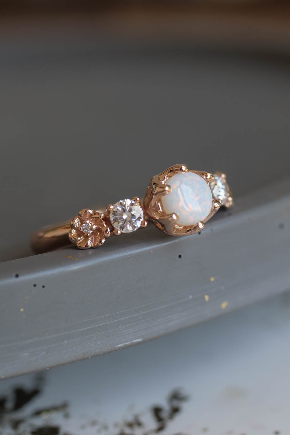 White fire opal promise ring, floral engagement ring / Fiorella - Eden Garden Jewelry™
