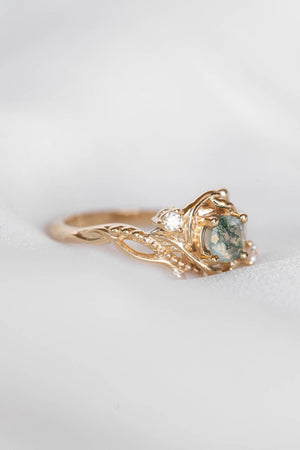 READY TO SHIP: Undina in 14K yellow gold, round moss agate 5 mm, moissanites, RING SIZE 7.25 US - Eden Garden Jewelry™