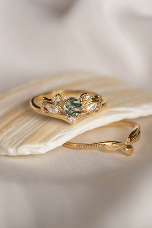 Bridal ring set with moss agate and diamonds / Swanlake - Eden Garden Jewelry™