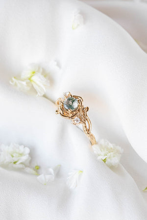 Round moss agate engagement ring with diamonds, nature themed gold ring / Undina - Eden Garden Jewelry™