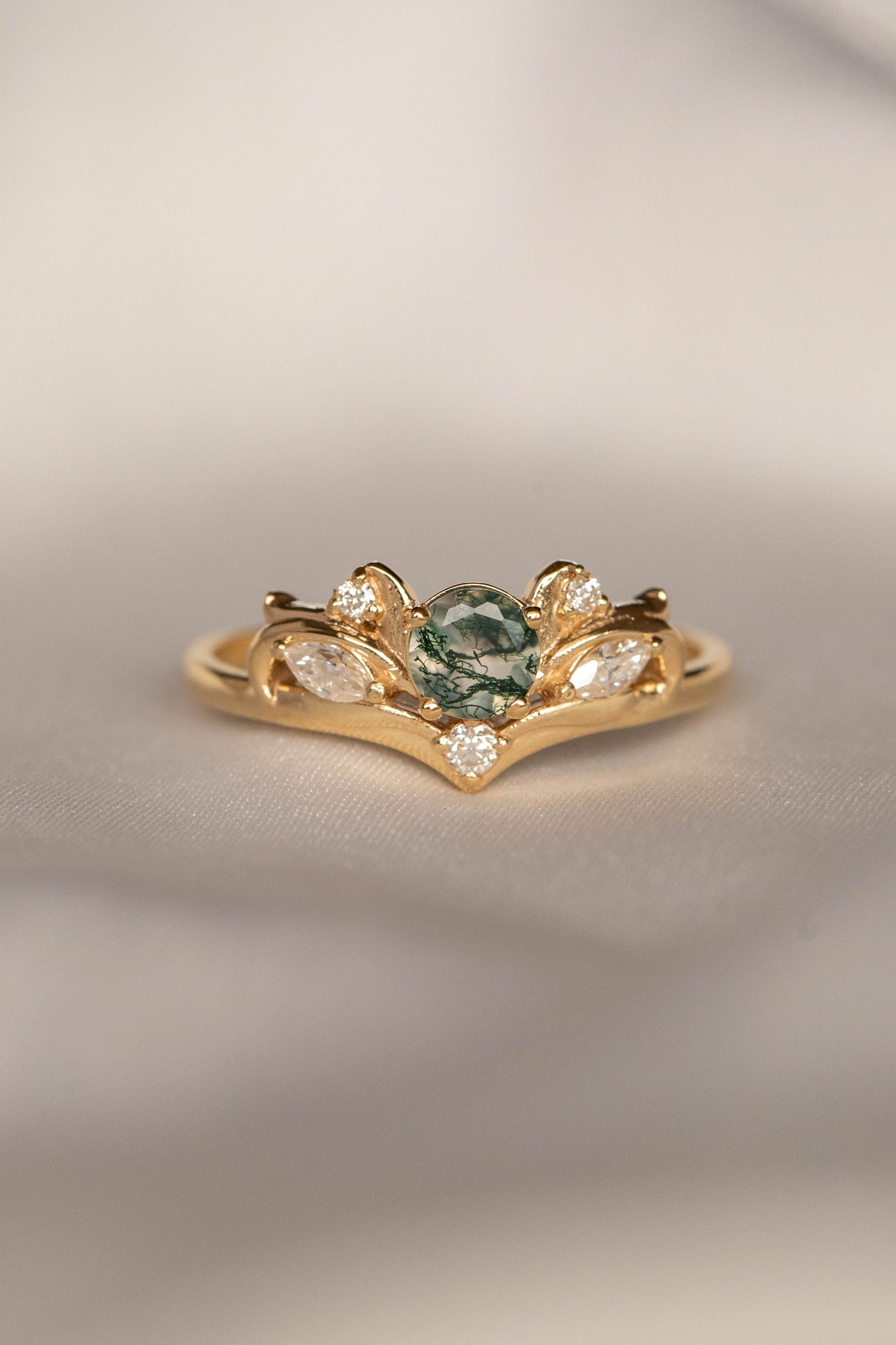 Moss agate and diamonds engagement ring, baroque inspired gold ring / Swanlake - Eden Garden Jewelry™