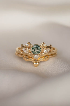 Bridal ring set with moss agate and diamonds / Swanlake - Eden Garden Jewelry™