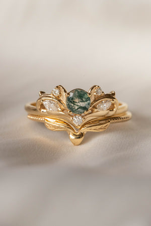 Moss agate and diamonds engagement ring, baroque inspired gold ring / Swanlake - Eden Garden Jewelry™