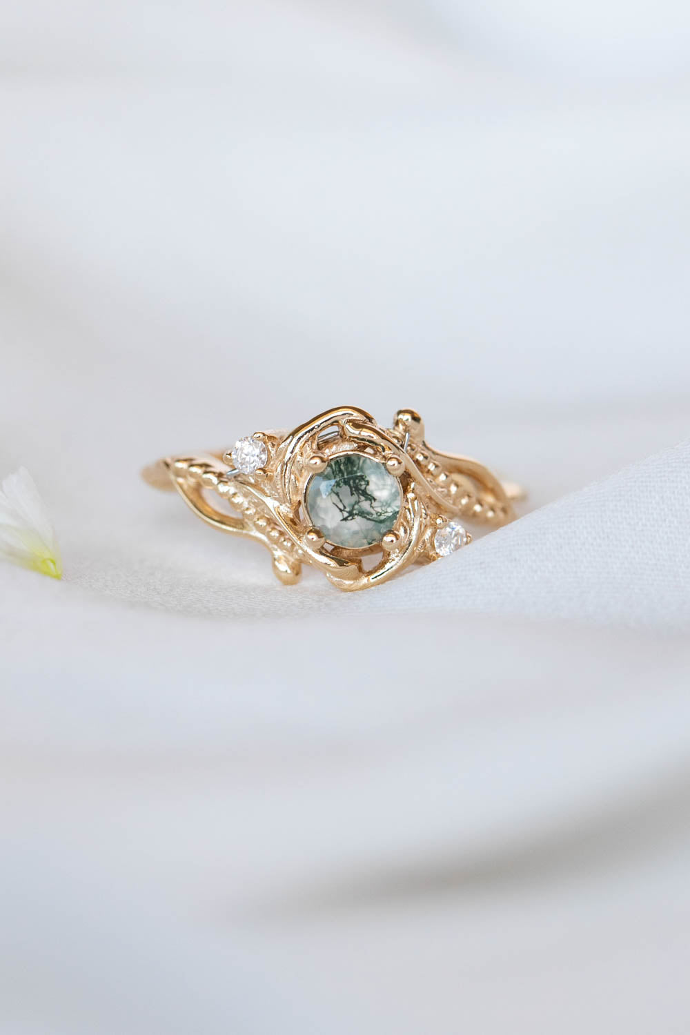 Round moss agate engagement ring with diamonds, nature themed gold ring / Undina - Eden Garden Jewelry™