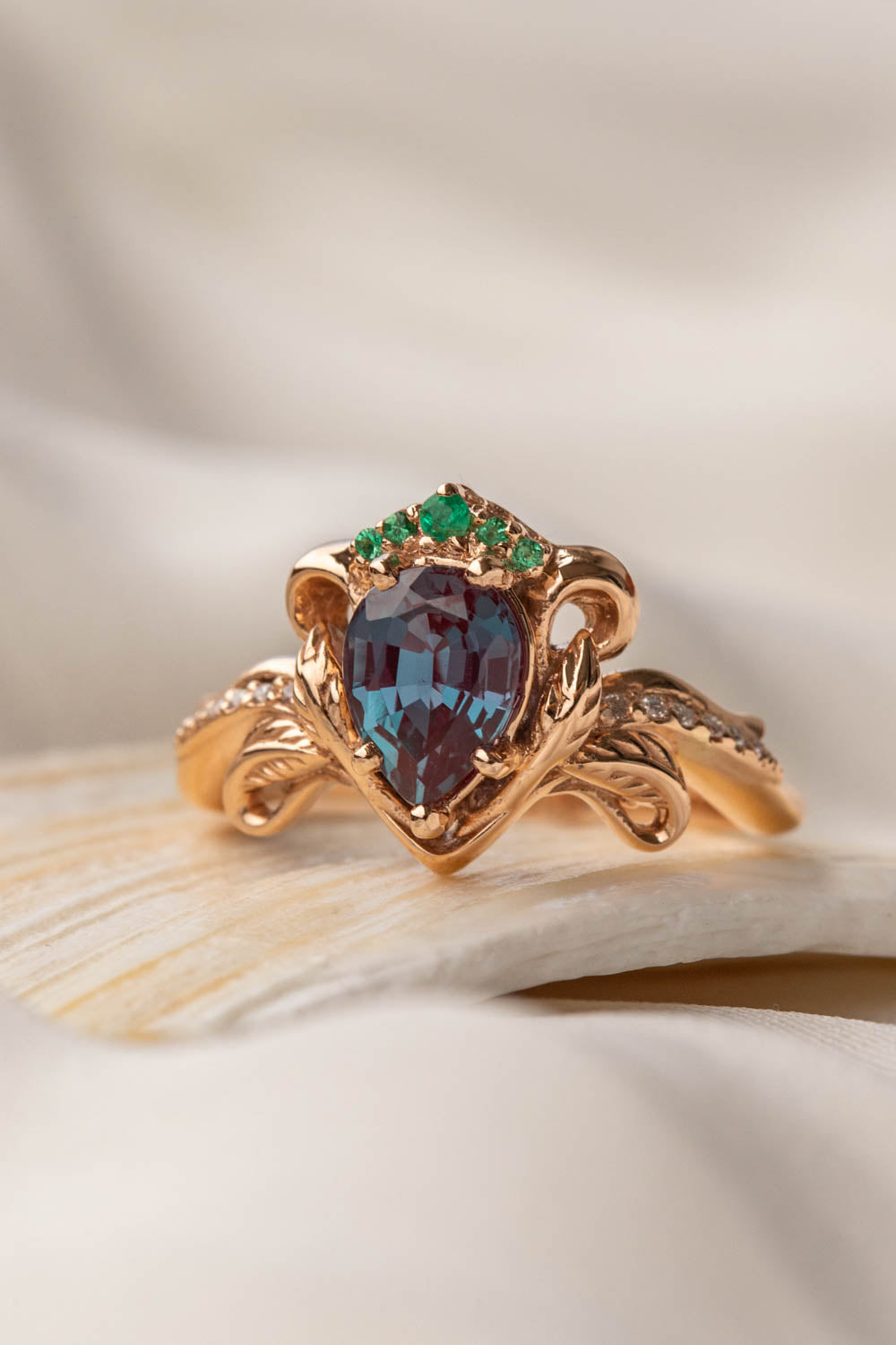 Mythology inspired engagement ring with pear alexandrite, emeralds and diamonds /  Faunus - Eden Garden Jewelry™