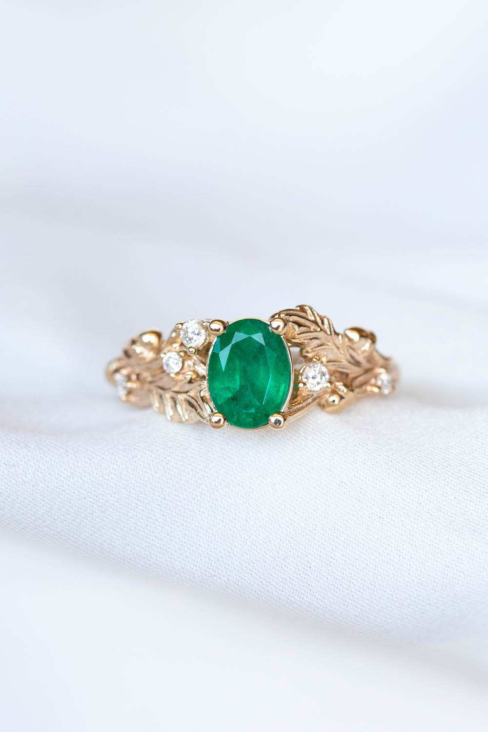 Natural emerald oak leaves engagement ring, gold ring with diamonds and acorns / Silviya - Eden Garden Jewelry™