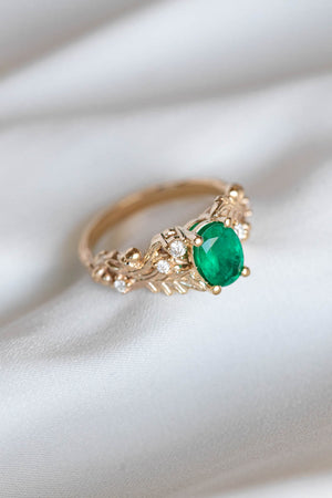 Natural emerald oak leaves engagement ring, gold ring with diamonds and acorns / Silviya - Eden Garden Jewelry™