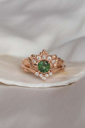 Romantic bridal ring set with natural green sapphire, diamond flower engagement ring /  Forget Me Not - Eden Garden Jewelry™