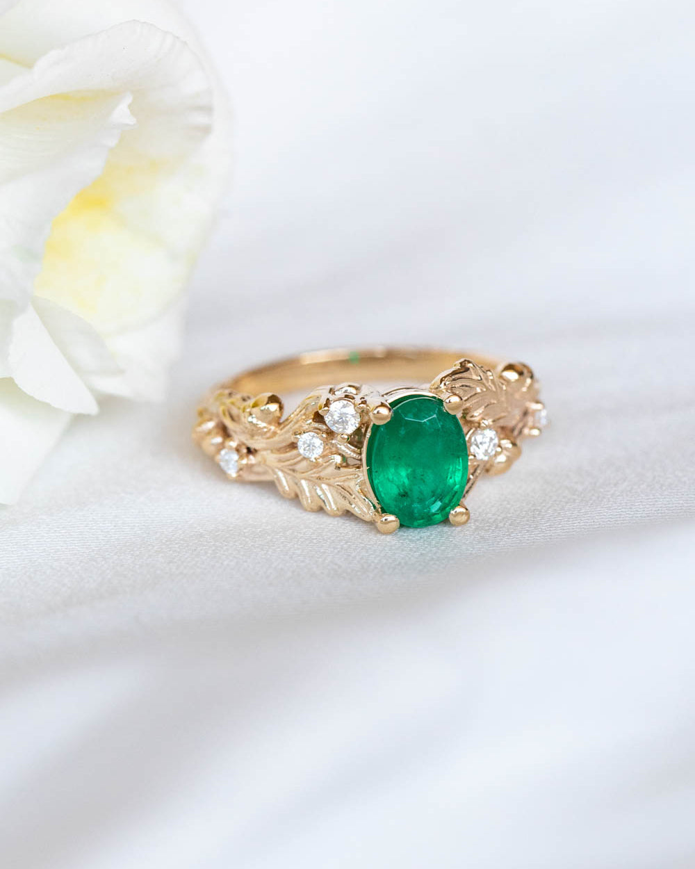Natural emerald oak leaves engagement ring, gold ring with diamonds and acorns / Silviya - Eden Garden Jewelry™