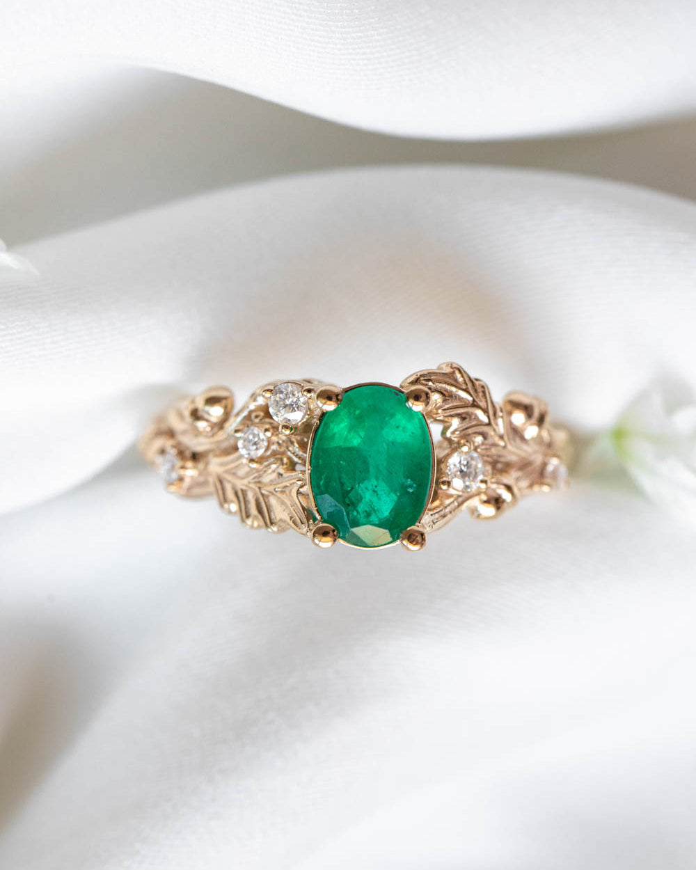Natural emerald oak leaves engagement ring, gold ring with diamonds and acorns / Silviya - Eden Garden Jewelry™