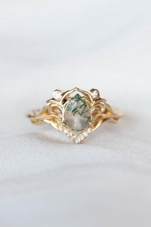 READY TO SHIP: Lida small in 14K yellow gold, pear moss agate 7x5 mm, moissanites, RING SIZE 6.5 US - Eden Garden Jewelry™