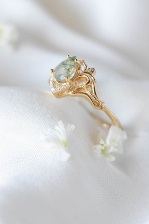 Unique pear moss agate engagement ring, gold ring with diamonds / Lida - Eden Garden Jewelry™