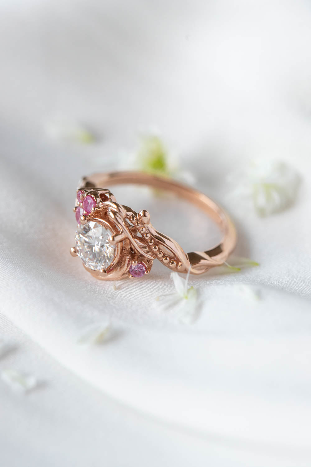 1 carat moissanite engagement ring with pink sapphires, nature themed gold proposal ring / Undina - Eden Garden Jewelry™