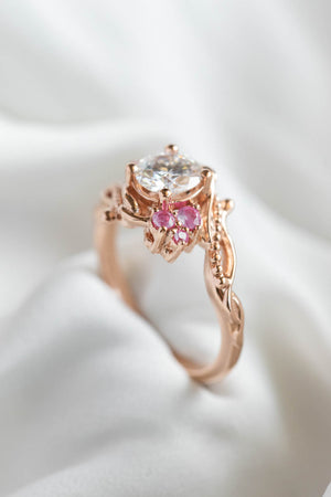 1 carat moissanite engagement ring with pink sapphires, nature themed gold proposal ring / Undina - Eden Garden Jewelry™
