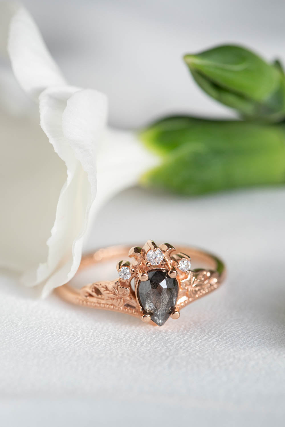 Nature inspired engagement ring with natural salt and pepper diamond / Ariadne - Eden Garden Jewelry™