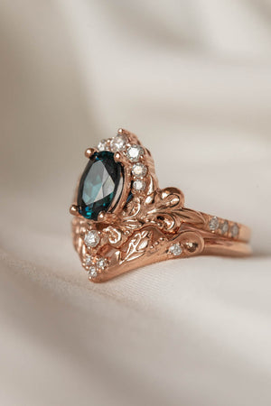 Teal tourmaline and diamonds bridal ring set, baroque inspired engagement ring set / Sophie - Eden Garden Jewelry™