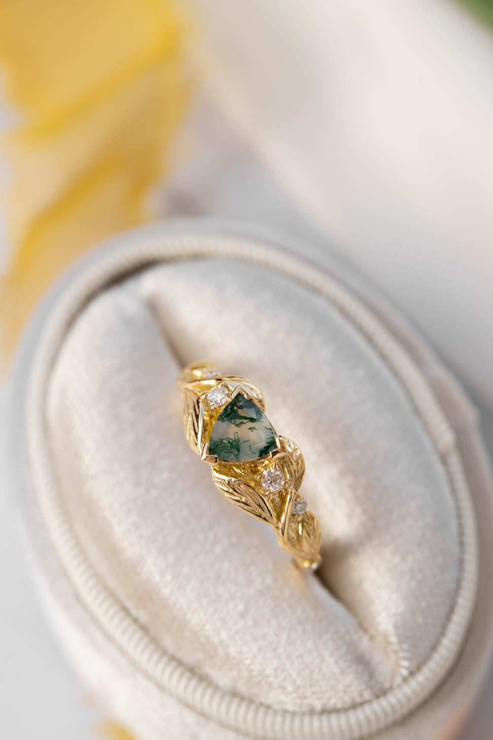 Trillion moss agate engagement ring, gold leaves and diamonds ring / Clematis - Eden Garden Jewelry™