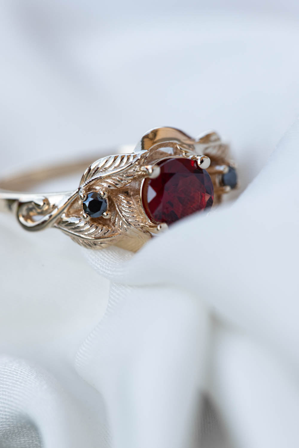 Natural garnet and black moissanites engagement ring, gold leaf proposal ring  / Azalea - Eden Garden Jewelry™