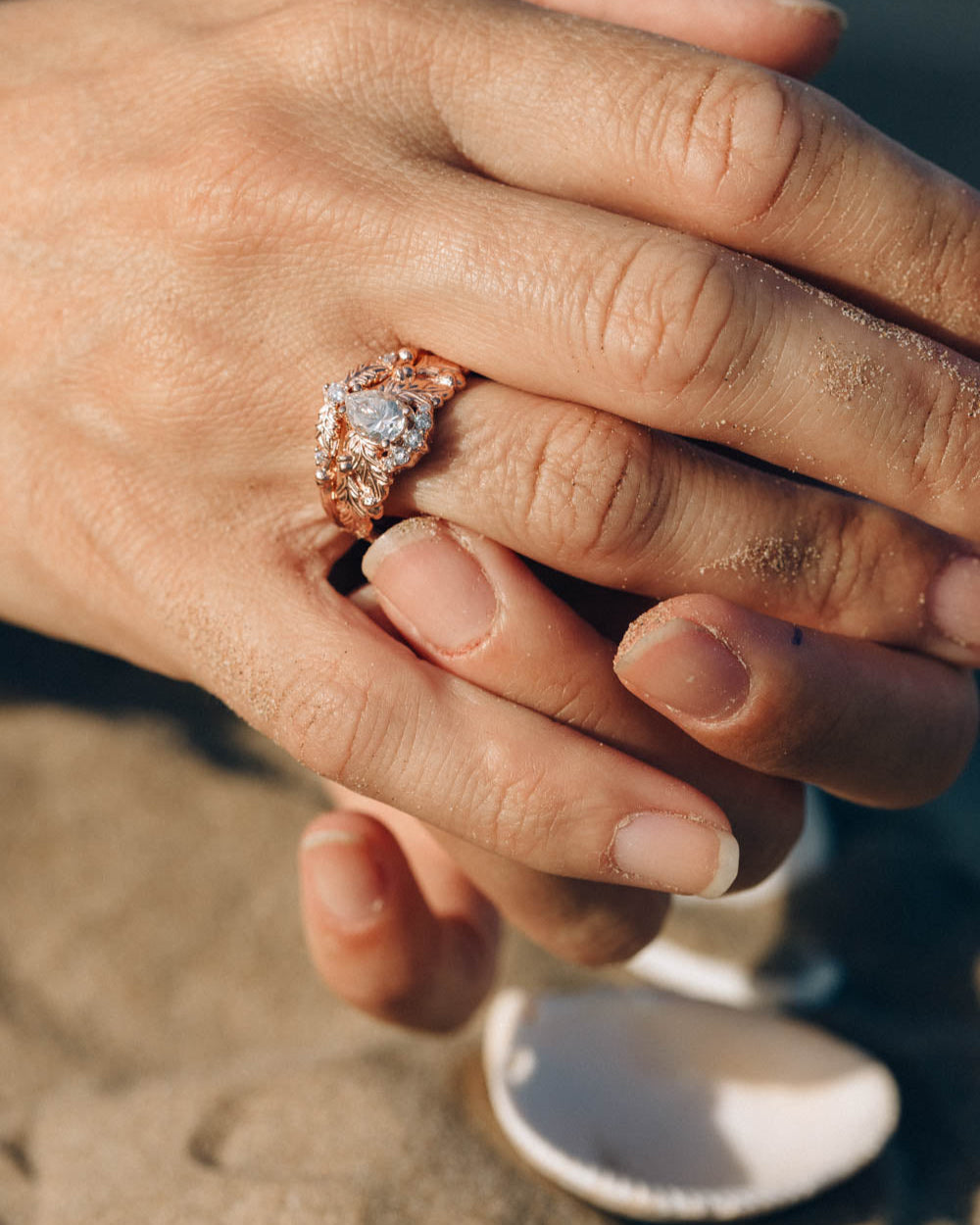 Oak tree leaves moissanite and diamond crown engagement ring / Royal Oak - Eden Garden Jewelry™