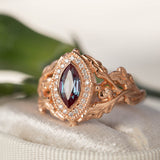 Diamond halo and marquise alexandrite engagement ring, rose gold oak leaf engagement ring / Dair - Eden Garden Jewelry™