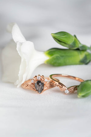Salt and pepper diamond bridal ring set, nature inspired rose gold engagement and wedding rings / Ariadne - Eden Garden Jewelry™