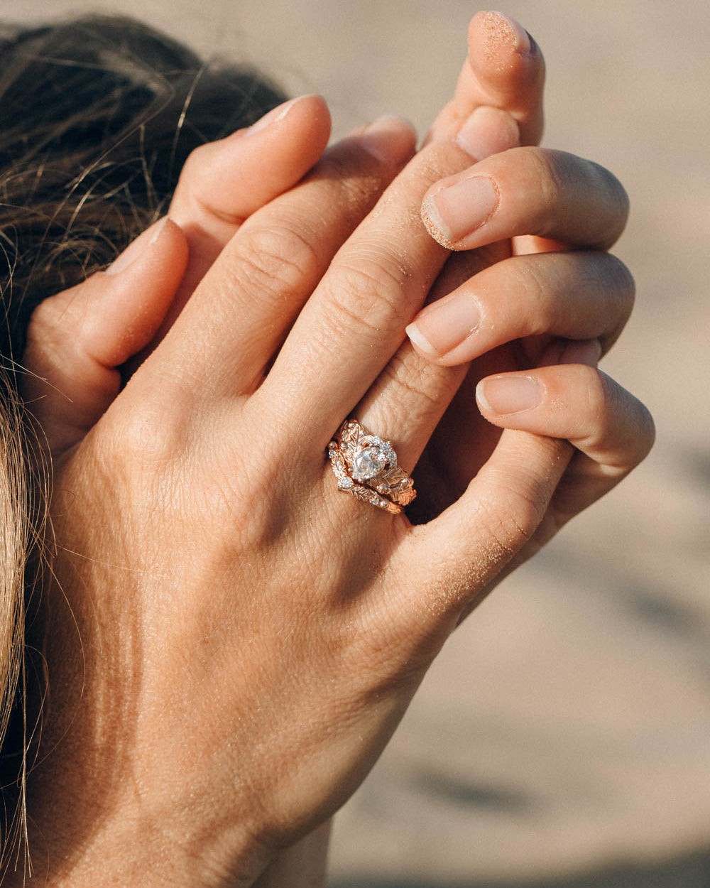 Oak leaves bridal ring set ring with pear moissanite, diamond engagement and wedding rings / Royal Oak - Eden Garden Jewelry™