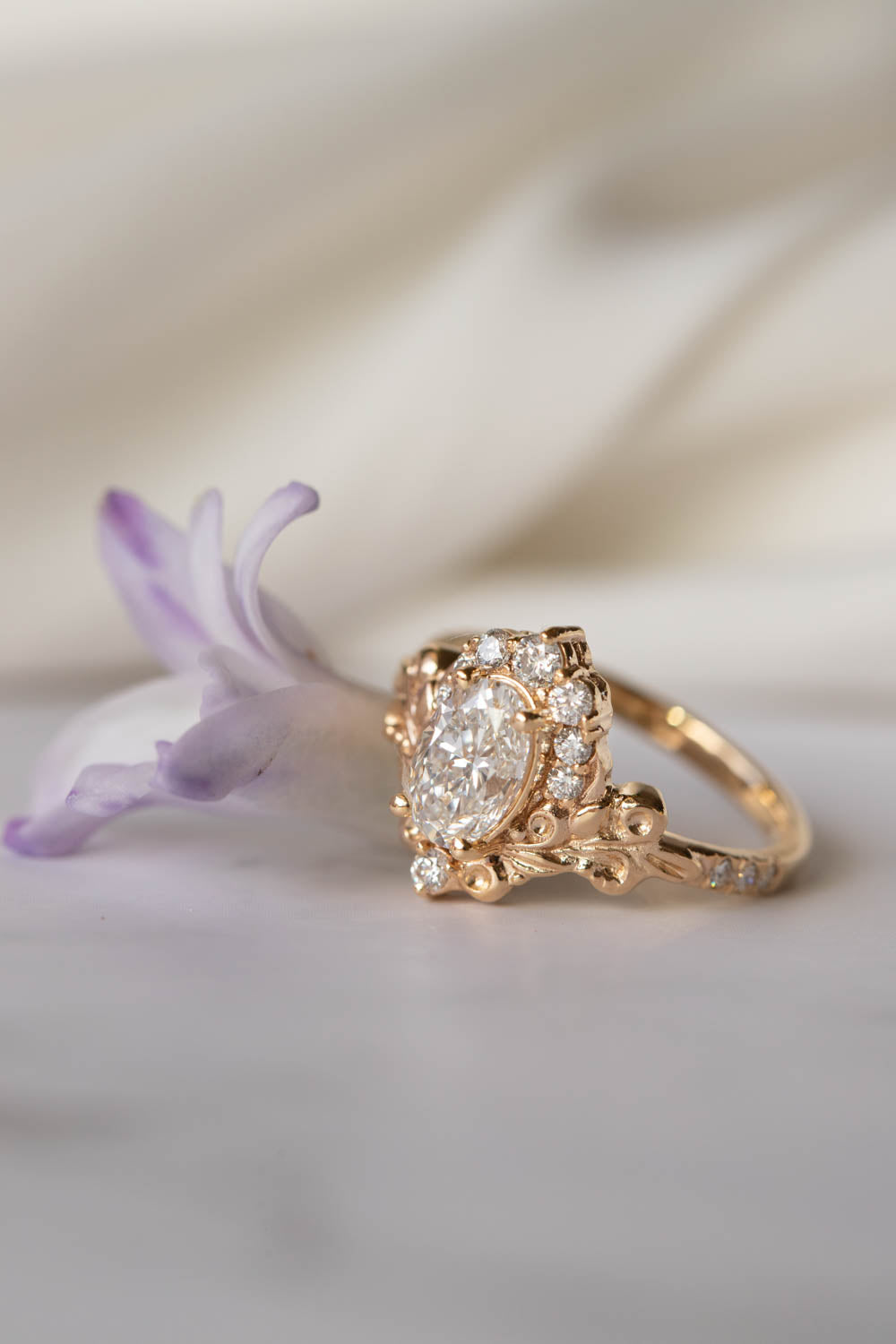 Lab grown diamond engagement ring, nature inspired gold ring with diamond halo / Sophie - Eden Garden Jewelry™