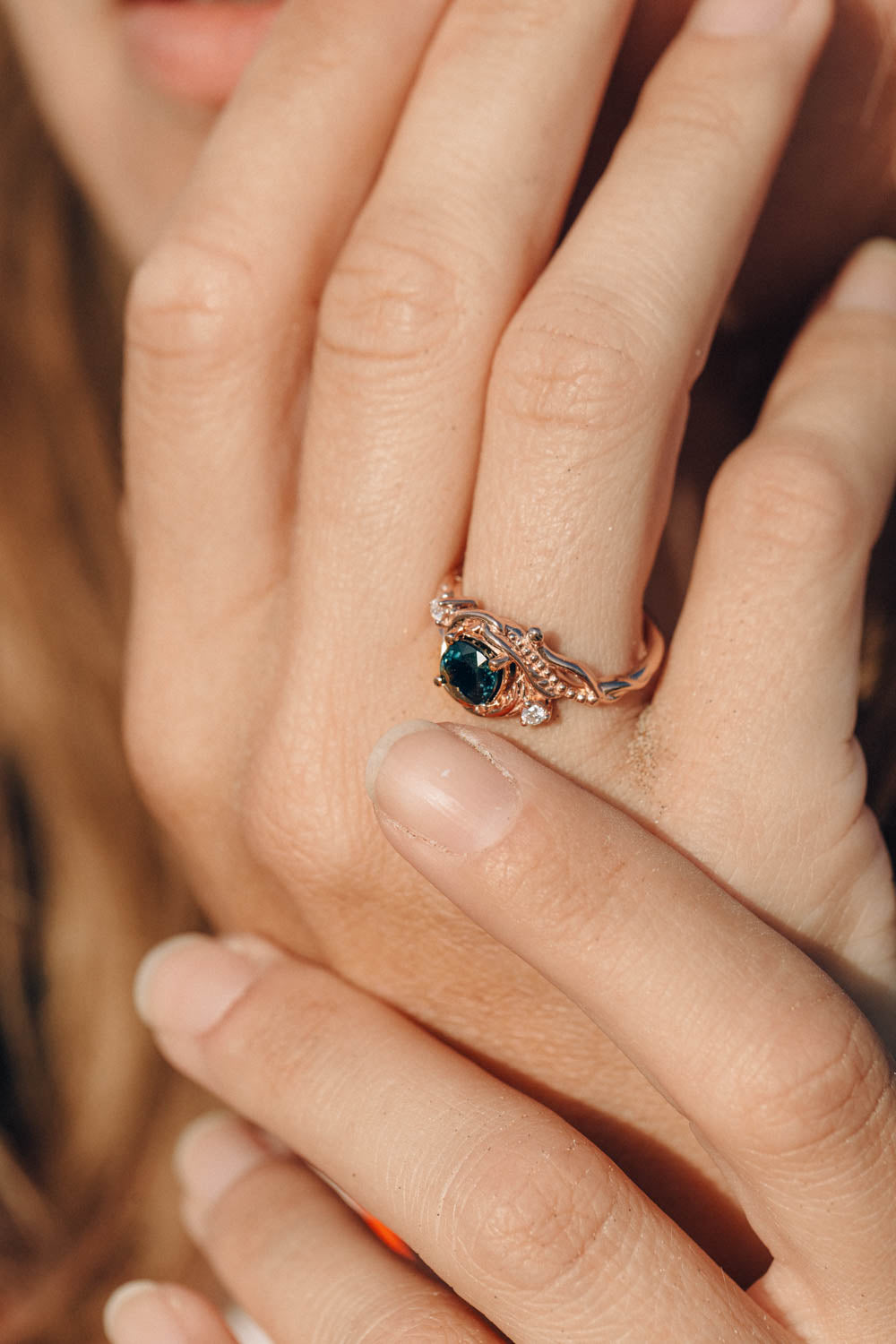 Teal sapphire cushion cut engagement ring, rose gold ring with diamonds / Undina - Eden Garden Jewelry™