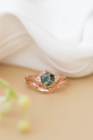 Moss agate engagement ring, gold leaves proposal ring with diamonds / Roma - Eden Garden Jewelry™