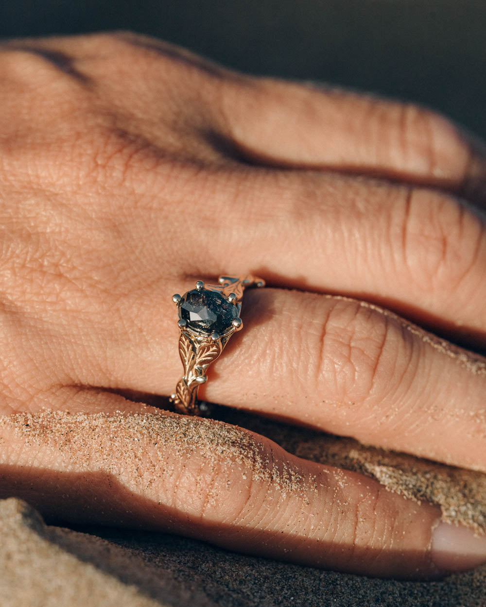 Salt and pepper diamond engagement ring, gold leaves engagement ring / Freesia - Eden Garden Jewelry™