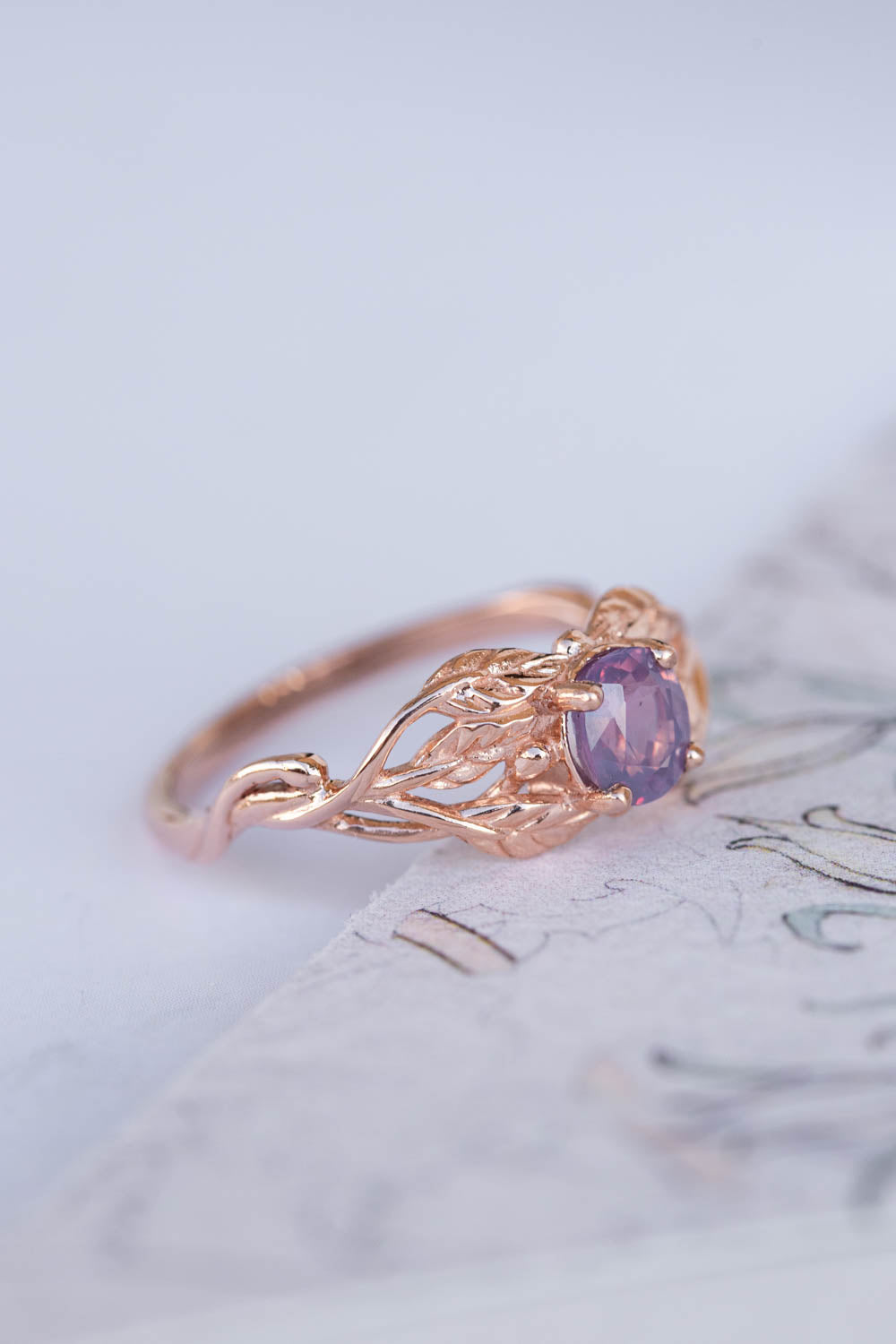 Opalescent sapphire engagement ring, rose gold twig proposal ring with sapphire / Tilia - Eden Garden Jewelry™