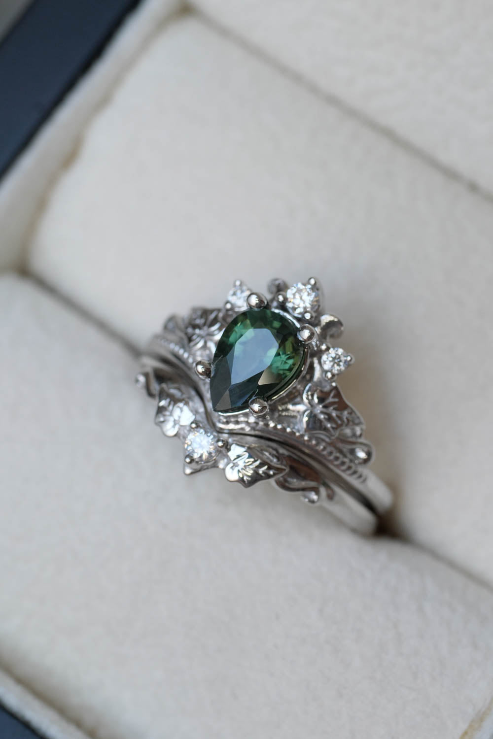 Sapphire bridal ring set, forest green sapphire engagement ring set / Ariadne - Eden Garden Jewelry™