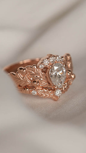 Oak leaves bridal ring set ring with pear moissanite, diamond engagement and wedding rings / Royal Oak - Eden Garden Jewelry™