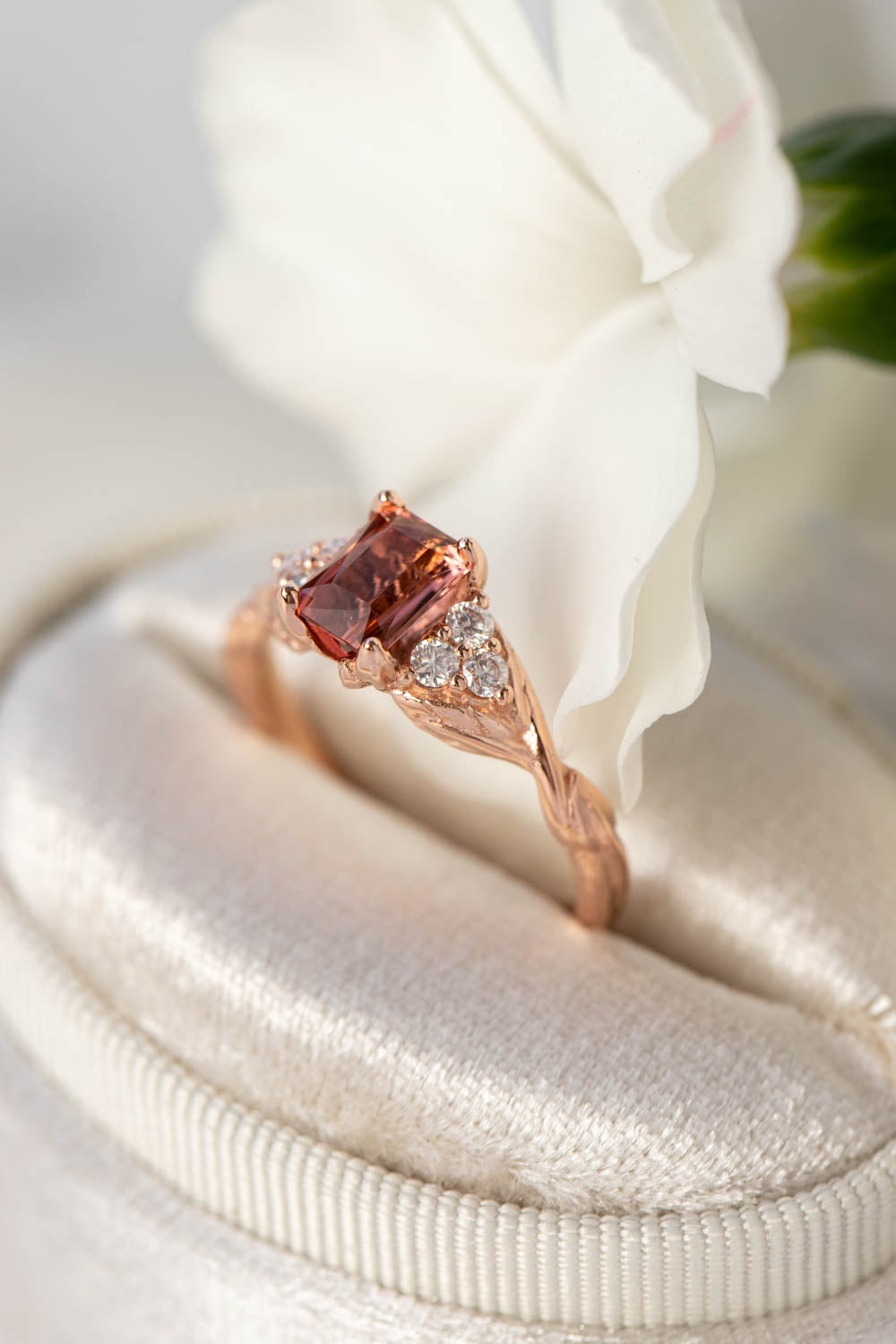 Pink tourmaline and diamonds engagement ring, emerald cut gemstone gold ring / Gloria - Eden Garden Jewelry™