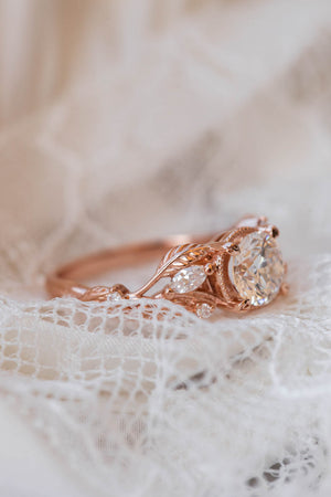1 carat moissanite engagement ring, rose gold ring with leaves and diamonds / Patricia - Eden Garden Jewelry™