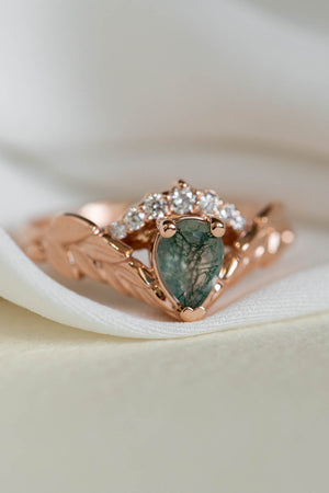Natural moss agate rose gold engagement ring, crown shape ring with diamonds / Palmira Crown - Eden Garden Jewelry™