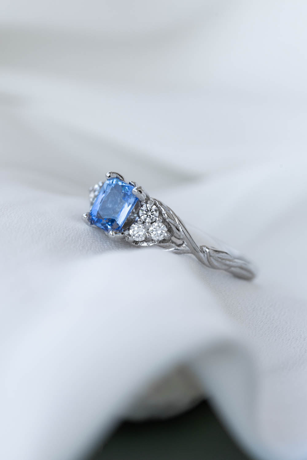 Natural light blue sapphire engagement ring, emerald cut gemstone ring with accent diamonds / Gloria - Eden Garden Jewelry™