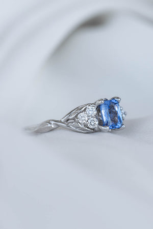 Natural light blue sapphire engagement ring, emerald cut gemstone ring with accent diamonds / Gloria - Eden Garden Jewelry™
