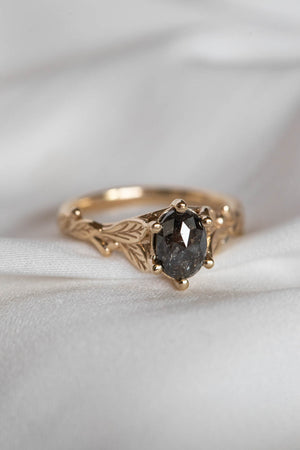 Salt and pepper diamond engagement ring, gold leaves engagement ring / Freesia - Eden Garden Jewelry™