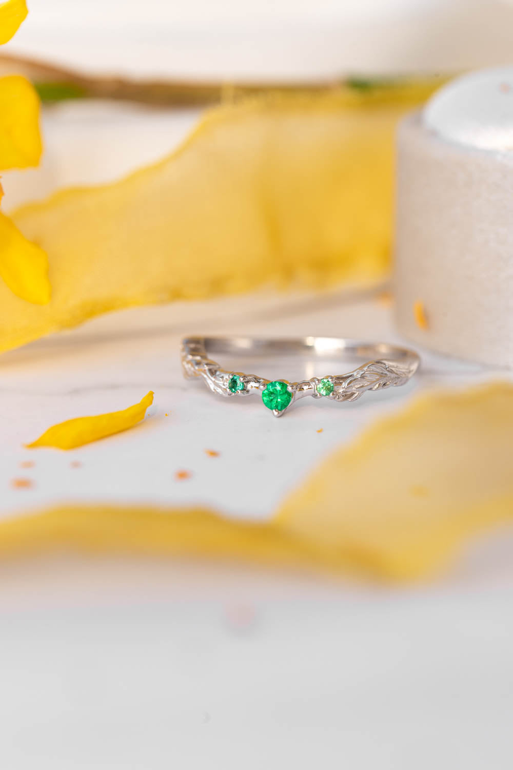 Branch wedding ring with emeralds / matching band for Japanese Maple - Eden Garden Jewelry™