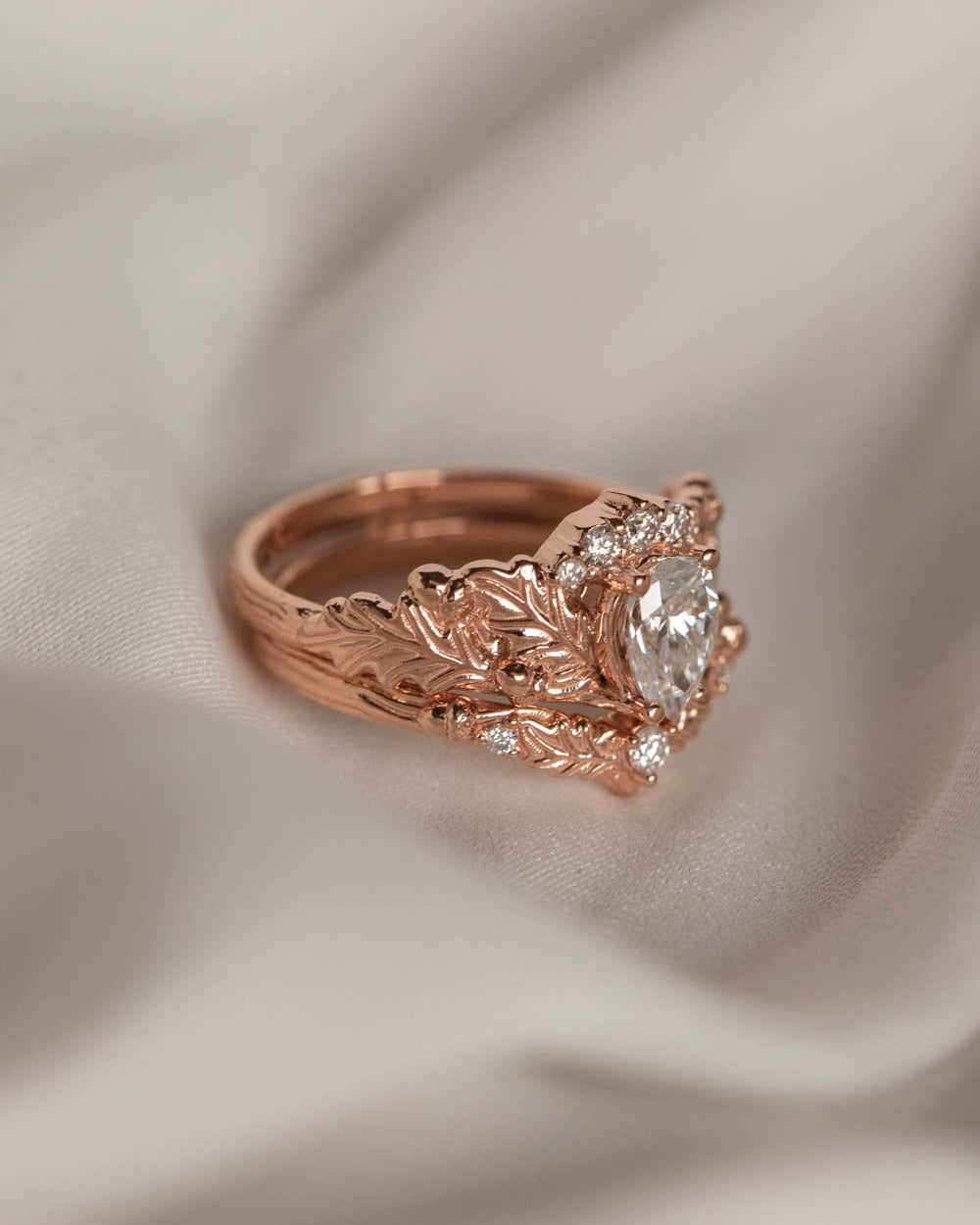 Oak leaves bridal ring set ring with pear moissanite, diamond engagement and wedding rings / Royal Oak - Eden Garden Jewelry™