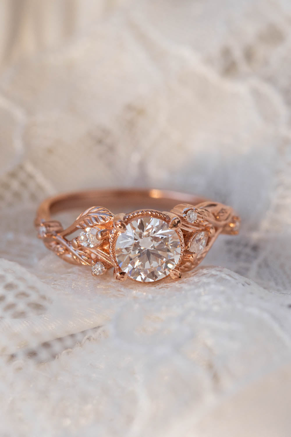 Lab grown diamond engagement ring, rose gold ring with leaves and diamonds / Patricia - Eden Garden Jewelry™