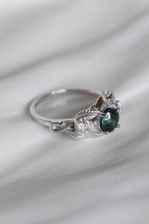 Genuine teal sapphire leaf engagement ring, white gold proposal ring with diamonds / Azalea - Eden Garden Jewelry™
